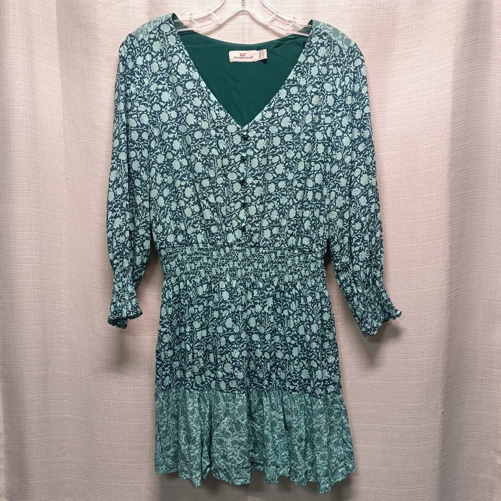 Vineyard Vines Blue Green Floral Fit Flare Midi Dress 3/4 Sleeve Women's S